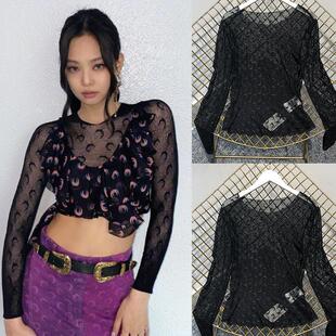 jennie金智妮同款月亮网纱打底衫女长袖透视t恤blackpink打歌服