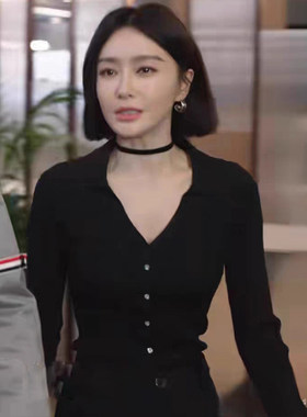 闪耀的她秦岚同款黑色针织开衫毛衣V领花儿与少年明星长袖上衣女