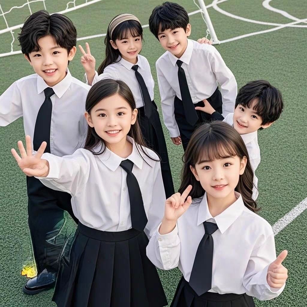 六一儿童白衬衫长袖男童衬衣黑裤女童表演出服小学生幼儿园毕业照
