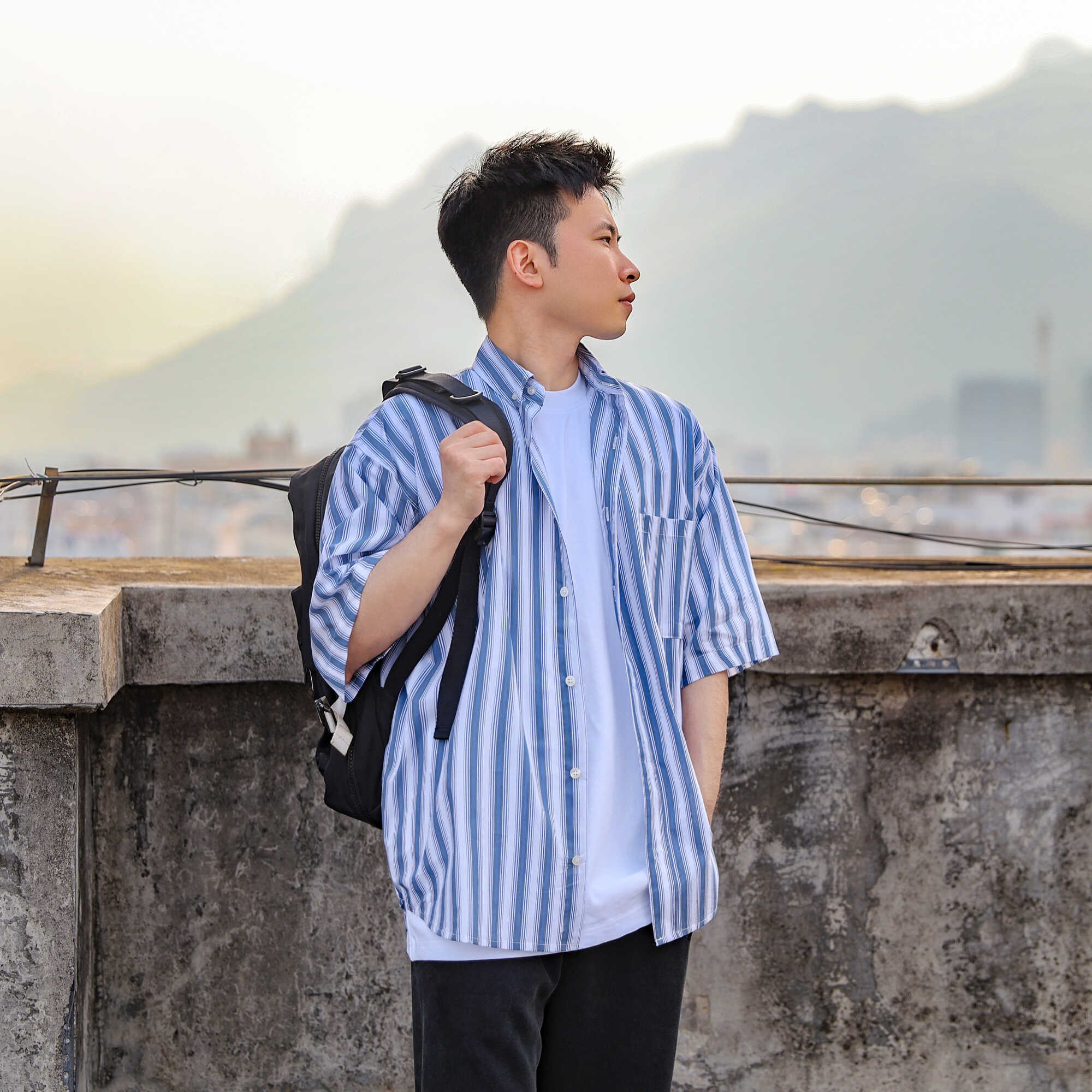 潮流简约cleanfit百搭竖条纹日系复古男式宽松廓型短袖休闲衬衫