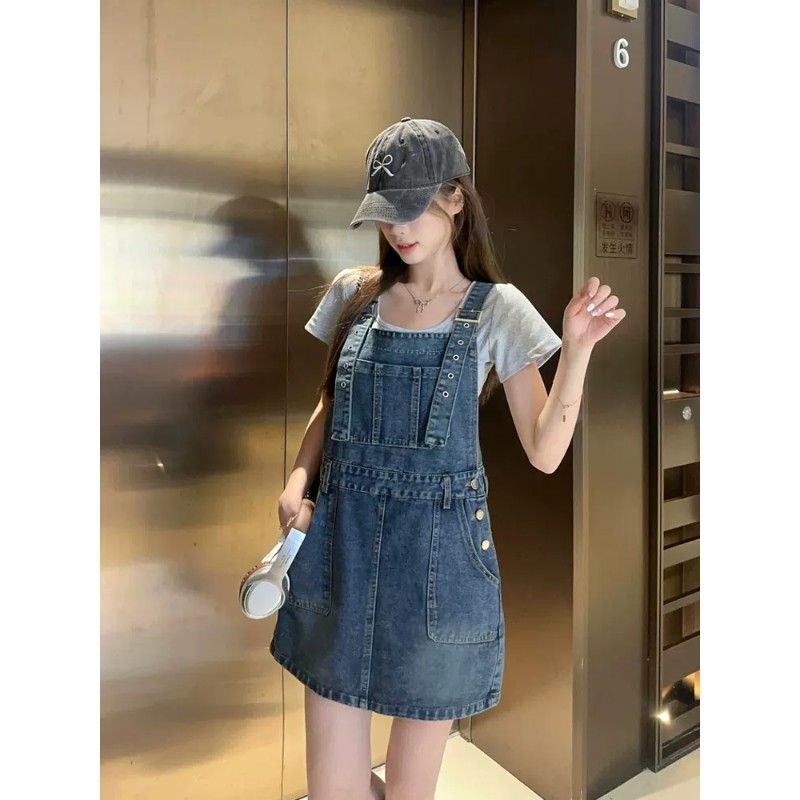 日系元气减龄工装牛仔背带短裙女夏季甜酷辣妹高腰显瘦包臀连衣裙