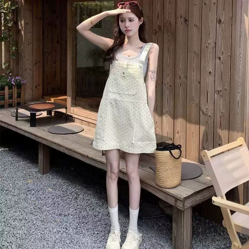 波点牛仔背带裙女夏季新款韩版小个子无袖收腰显瘦A字包臀半身裙图片
