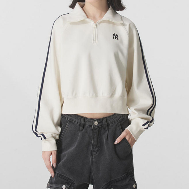 国内现货MLB女款NY字母刺绣短款半拉链立领运动套头卫衣3FMTV1354