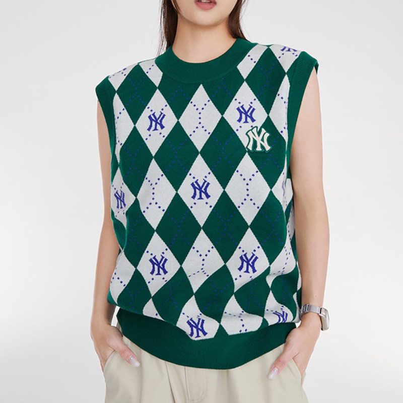 国内专柜MLB2023冬季女士满标老花菱格纹针织衫背心马甲3FKPM0334