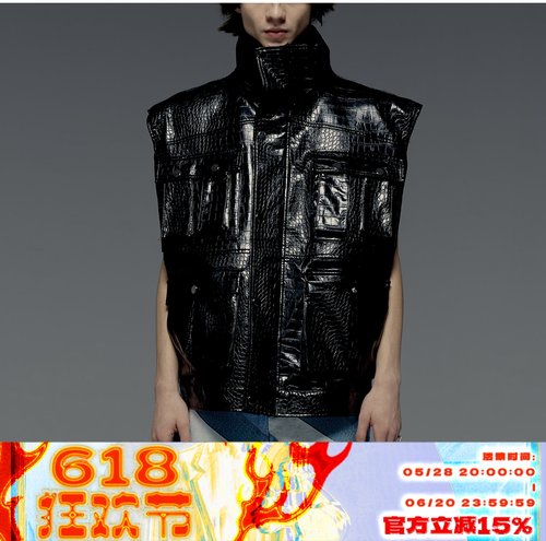 原创先锋鳄鱼皮无袖廓形皮夹克