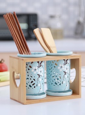 中式创意竹木架白色蓝色陶瓷筷子筒骨瓷沥水防霉镂空双筷筒筷子盒