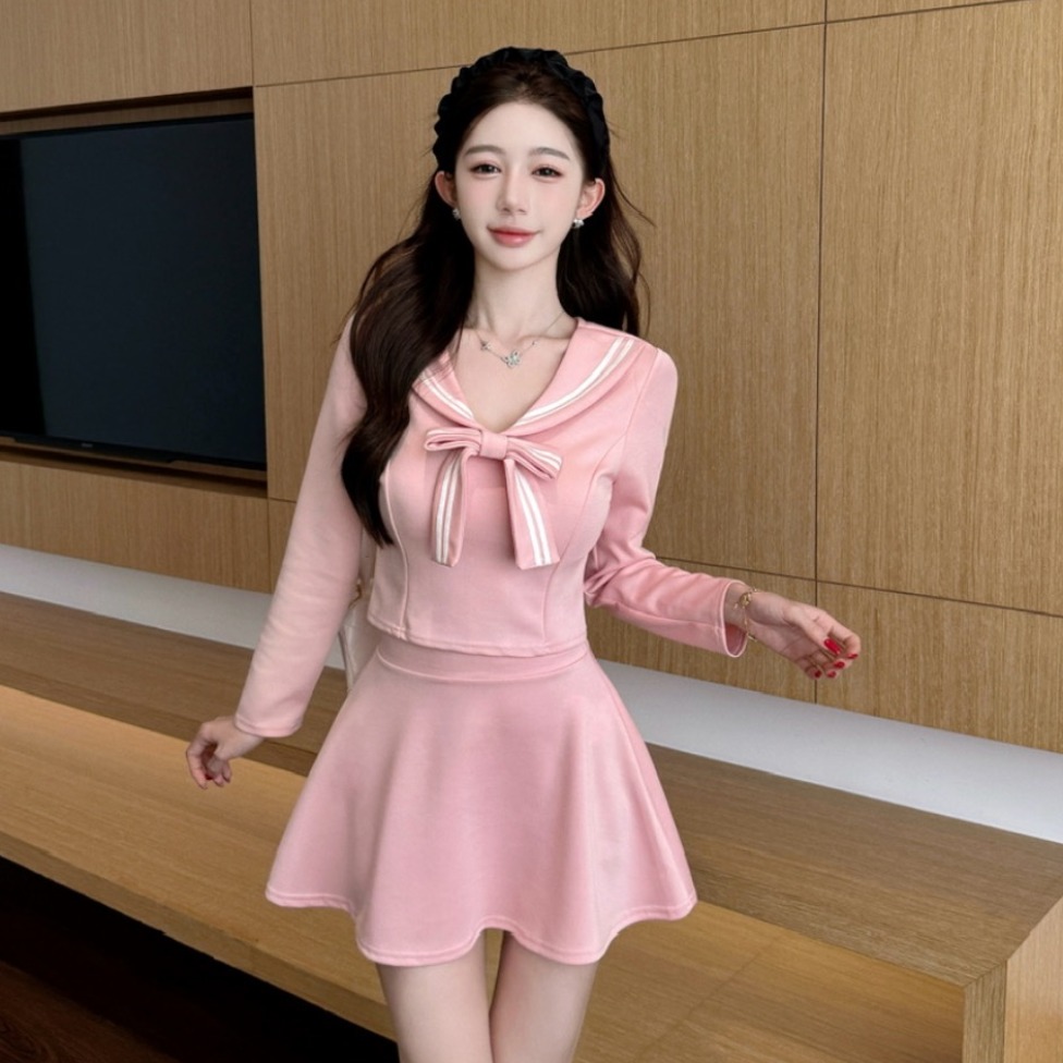 新款学院风甜美减龄JK制服套装长袖短款上衣+A字短裙两件套工作服