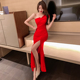 宴会晚礼服女新款 开叉包臀长裙红色连衣裙 名媛气质优雅斜肩修身
