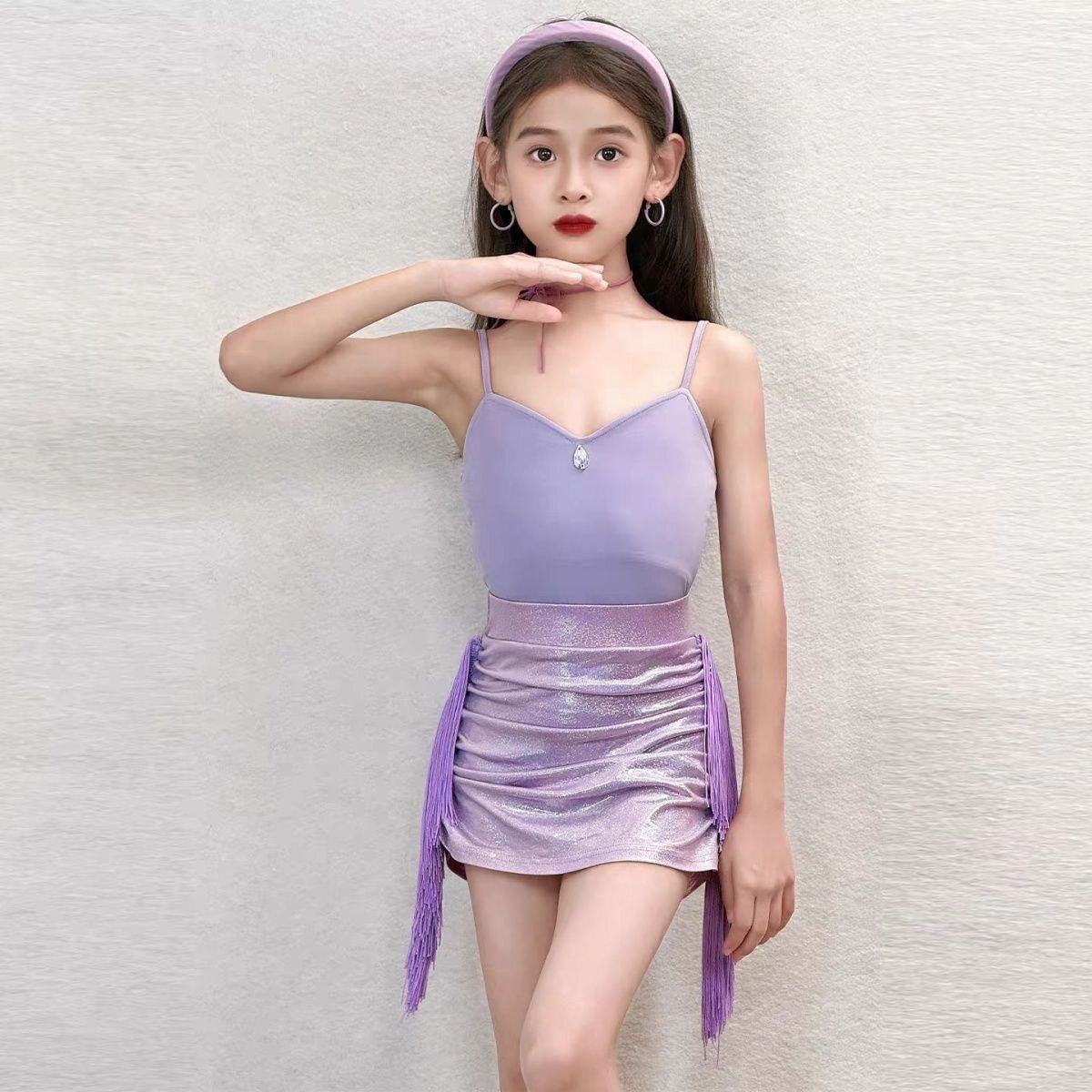 2026新款拉丁舞服女童夏季连衣裙带底裤练功服紫色时尚套装比赛服