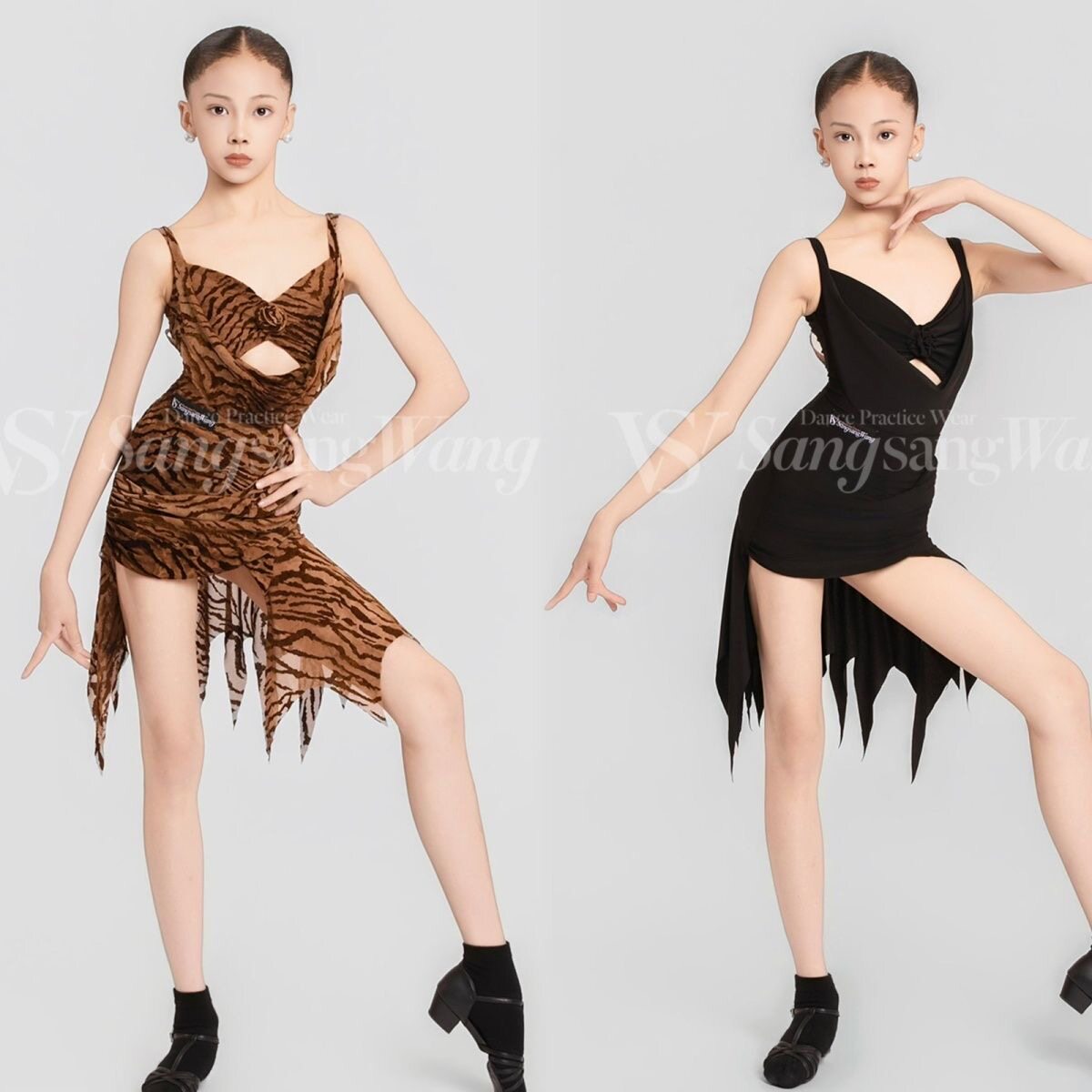 2026新款拉丁舞服女童夏季连衣裙带底裤练功服黑色时尚套装比赛服