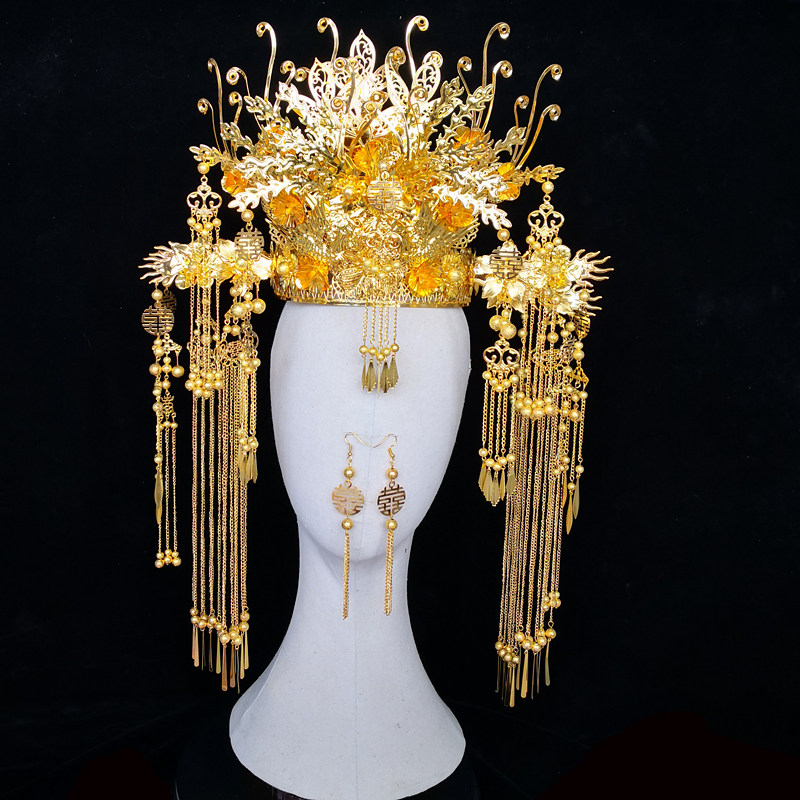 九尾狐狸凤冠九凤冠古风发饰中式头饰结婚手工金色新款新娘头冠饰