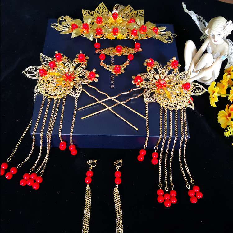 复古中式头饰套装发梳发簪儿童演出发饰新娘凤冠流苏秀禾服配饰