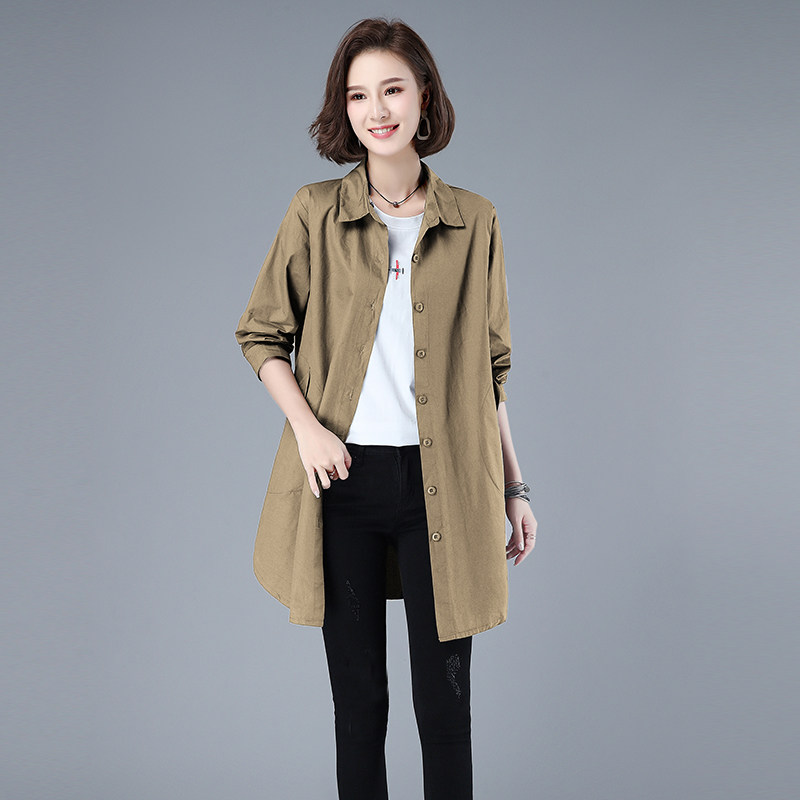 简约中长款风衣全棉大码衬衣领女