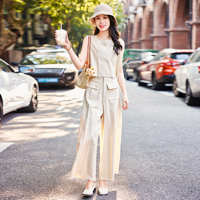 韩城.松弛感棉麻套装女2025夏季背心上衣阔腿裤长裤显高显瘦简约s
