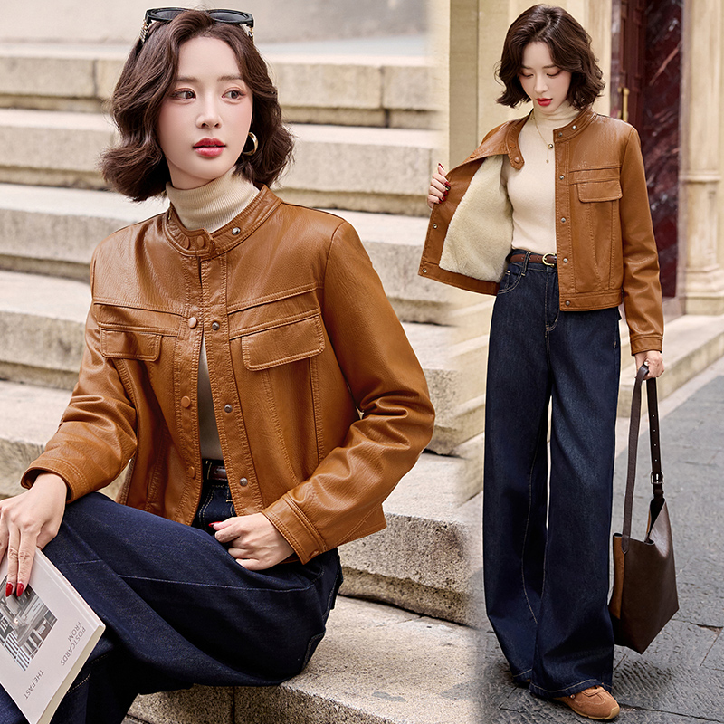 冬棒球服加绒皮棉衣亮色显高女