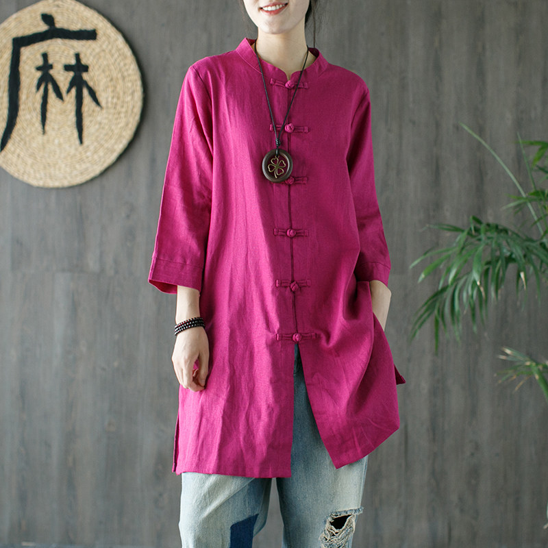 原创棉麻女装23春款新中式改良盘扣七分袖亚麻外套文艺中长款衬衫
