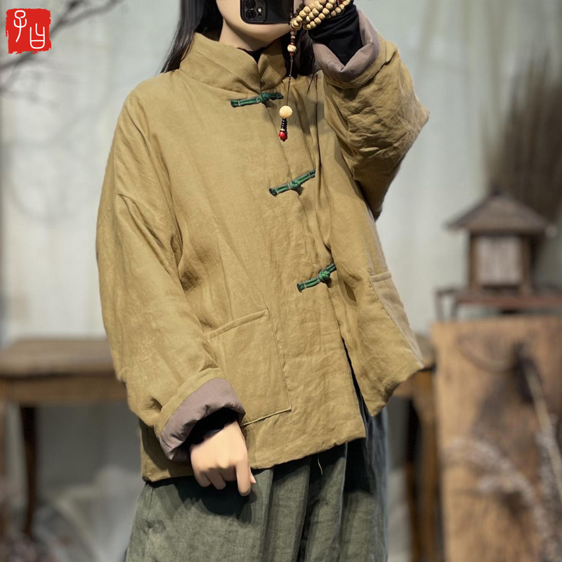 中国风苎麻棉衣撞色盘扣夹棉外套