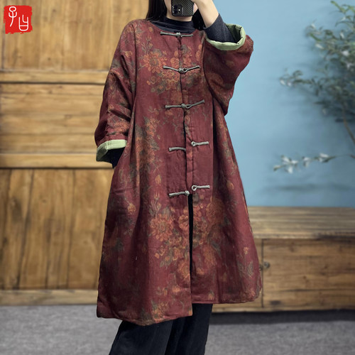 子曰中式盘扣保暖棉衣宽松大码中长棉袍女香云纱印花禅意亚麻棉服