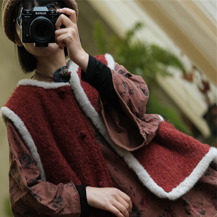 子曰原创复古减龄毛毛坎肩棉衣羊毛呢对襟盘扣宽松夹棉外套短马甲