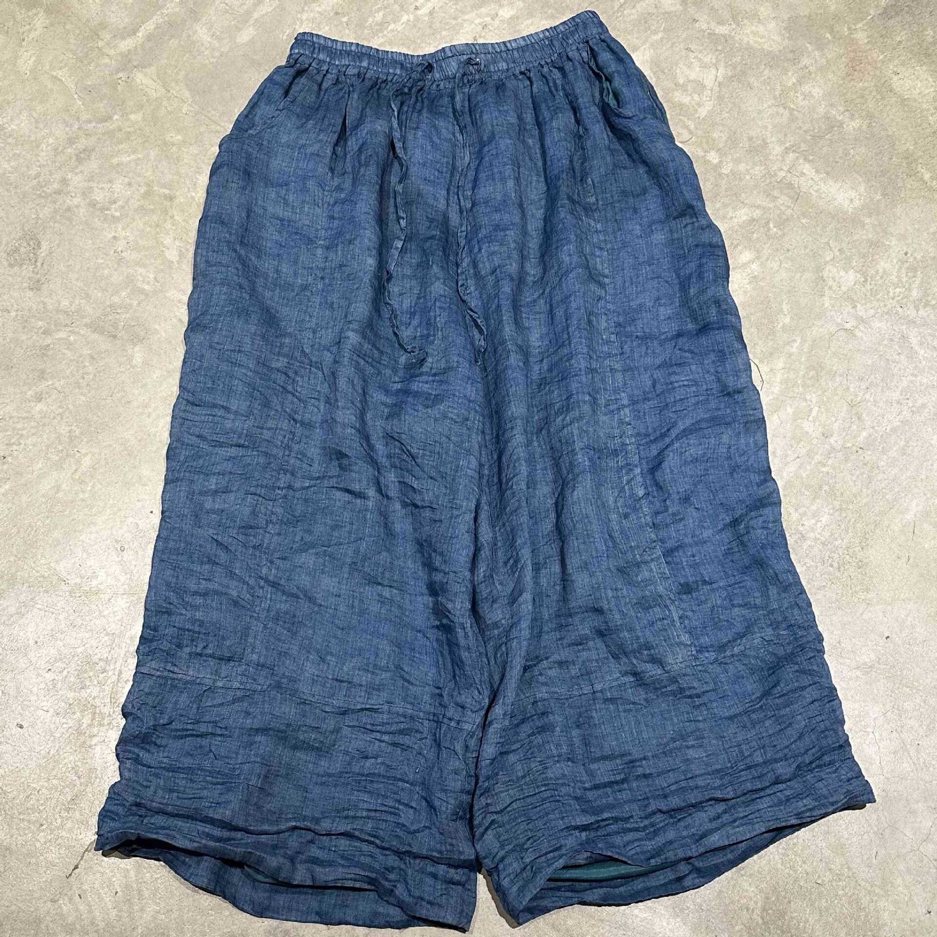 双层苎麻系带休闲阔腿裤
