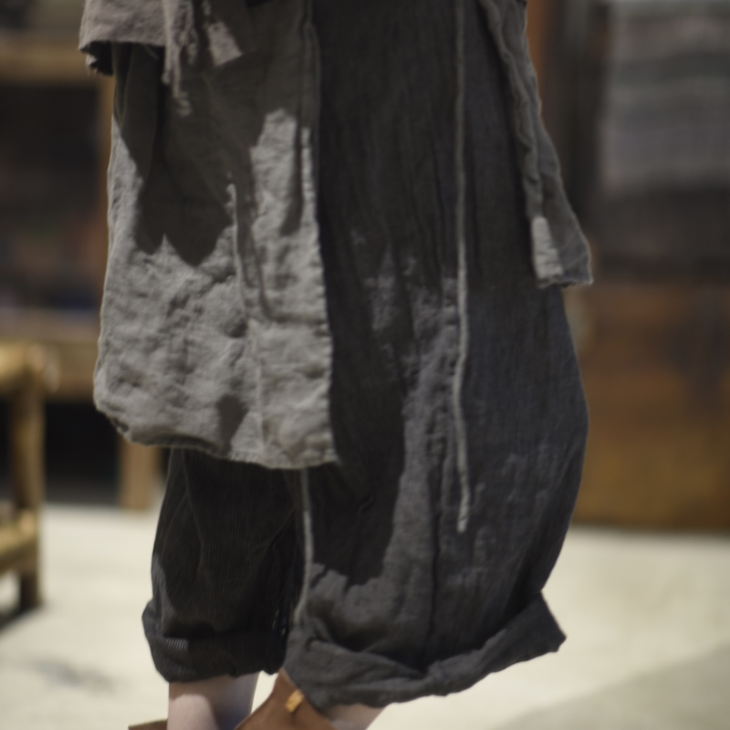 子曰原创设计复古色织亚麻不规则渔夫裤女文艺个性多片拼贴围裙裤