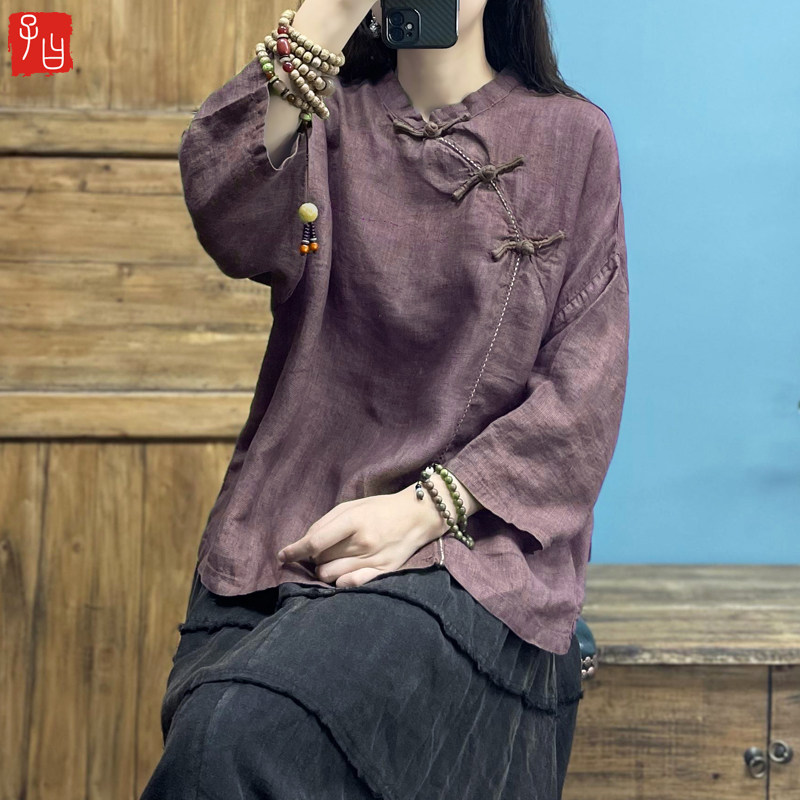 色织亚麻格子中式立领衬衫斜襟