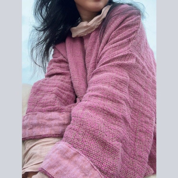 子曰原创森系宽松肌理感色织粗亚麻长袖落肩袖衬衫休闲文艺套头衫