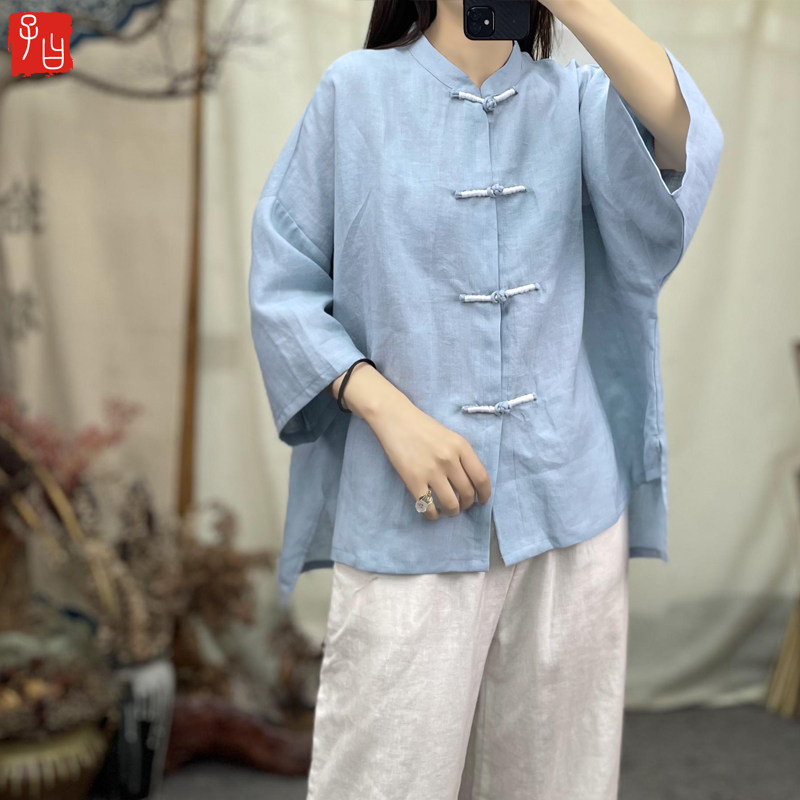 中式唐装茶服复古对襟苎麻