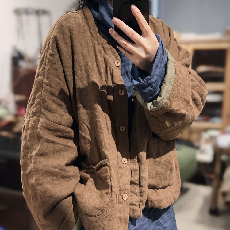 休闲文艺复古纯色亚麻棉衣