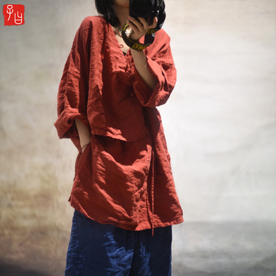 砂洗亚麻复古偏襟盘扣中长袍