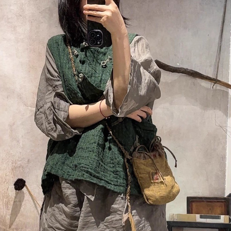 子曰原创设计新款中式偏襟盘扣提花亚麻马甲复古套头宽松无袖坎肩,女装/女士精品,衬衫,淘宝优惠券,粉丝福利购,淘宝优惠卷