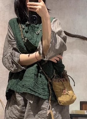 提花亚麻偏襟中式复古套头马甲