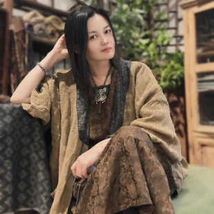 文艺手工炒色苎麻外搭复古贴布手工缝线系带开衫 子曰原创秋季 新款