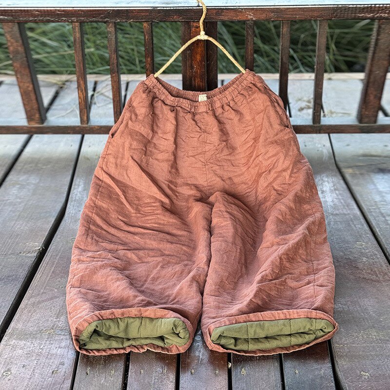 子曰原创高温水洗加厚苎麻直筒阔腿棉裤女松紧腰宽松夹棉保暖长裤