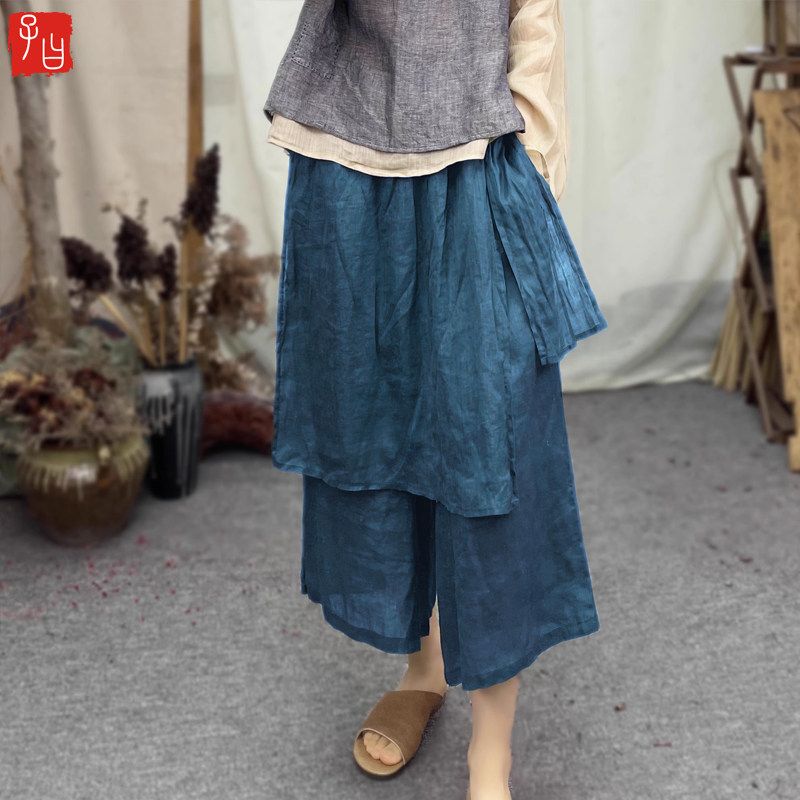 子曰轻薄百搭苎麻渔夫裤松紧腰多片布拼接阔腿裤宽松飘逸七分裤子