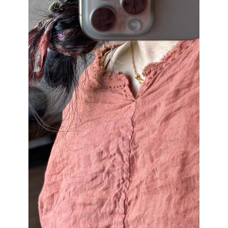 子曰原创文艺复古砂洗亚麻套头衬衫女手缝线迹宽松上衣五分袖麻衫