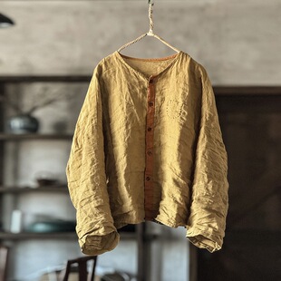 麻衫 子曰原创原创复古高品砂洗亚麻撞色拼接开衫 宽松文艺百搭衬衫