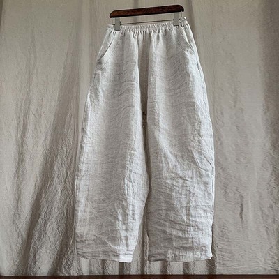 宽松松紧腰砂洗亚麻阔腿裤