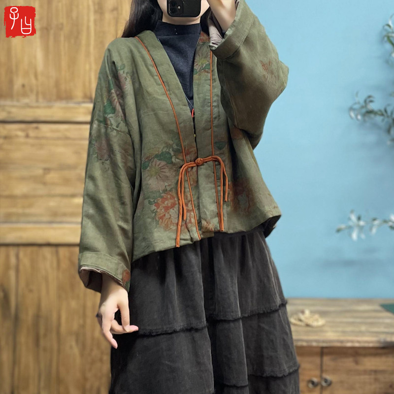 子曰 2023秋冬做旧水洗香云纱印花亚麻棉衣复古国风V领夹棉保暖棉