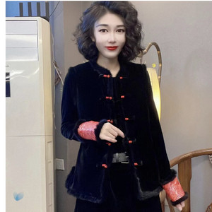 冬季高级感黑色丝绒貂毛唐装棉马甲女气质显瘦百搭保暖坎肩棉背心