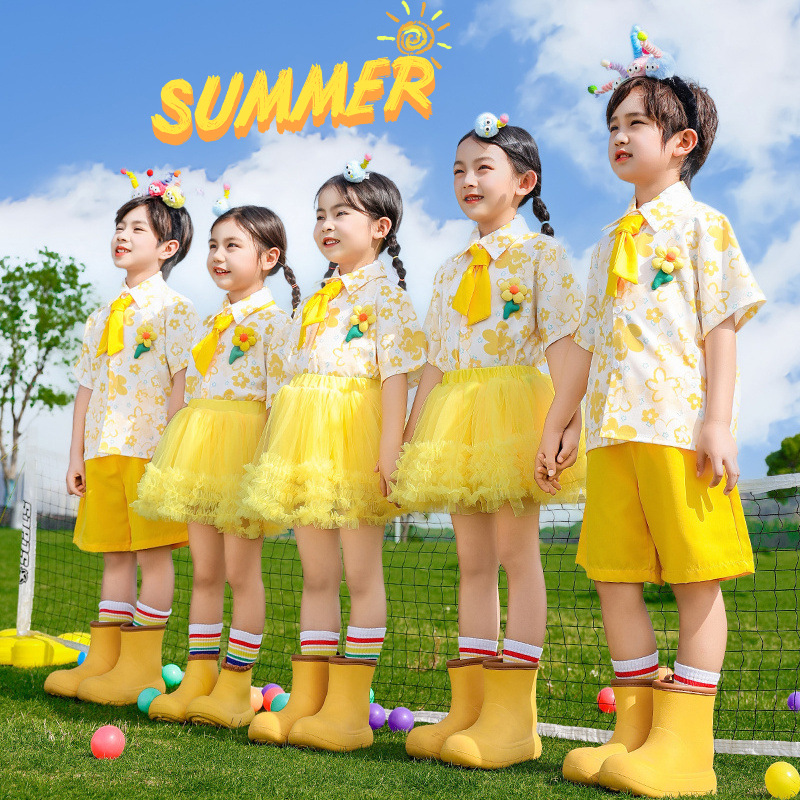 六一儿童演出服新款黄色衬衫蓬蓬裙舞蹈服男童女童啦啦队表演