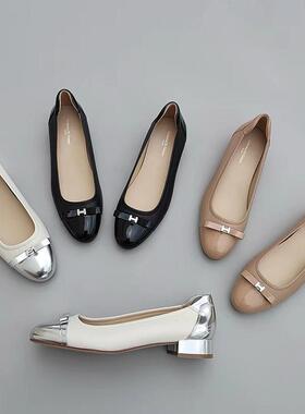 federica di donato 大爱H扣蝴蝶结简单大气真皮拼色圆头平底单鞋