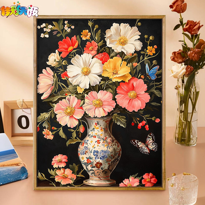 复古瓶中娇艳 佳彩天颜数字油画diy填充色手绘丙烯画油彩画装饰画图片