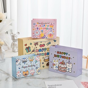 网红ins卡通狗生日快乐礼品袋粉色可爱风包装 盒手提纸袋 袋超大鞋