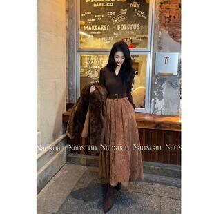 【复古蕾丝裙】早春高腰拼接设计科V领连衣裙2026高级感气质长裙