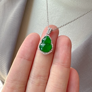 天然危地马拉冰种阳绿辣绿色翡翠A货葫芦纯银镀白金镶嵌吊坠百搭