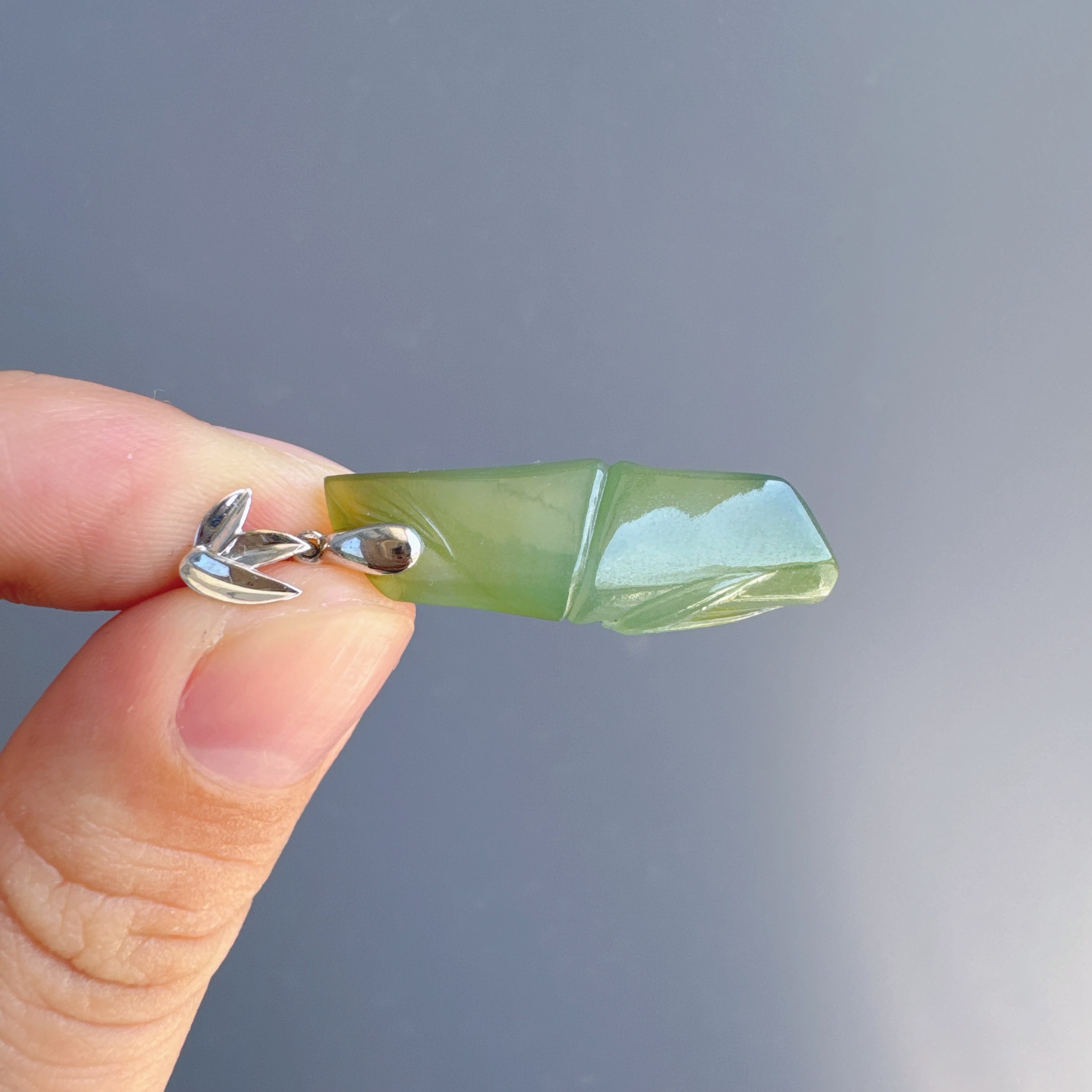 天然冰种秋香色黄加绿缅甸翡翠A货竹节竹子18k金吊坠48h鉴赏