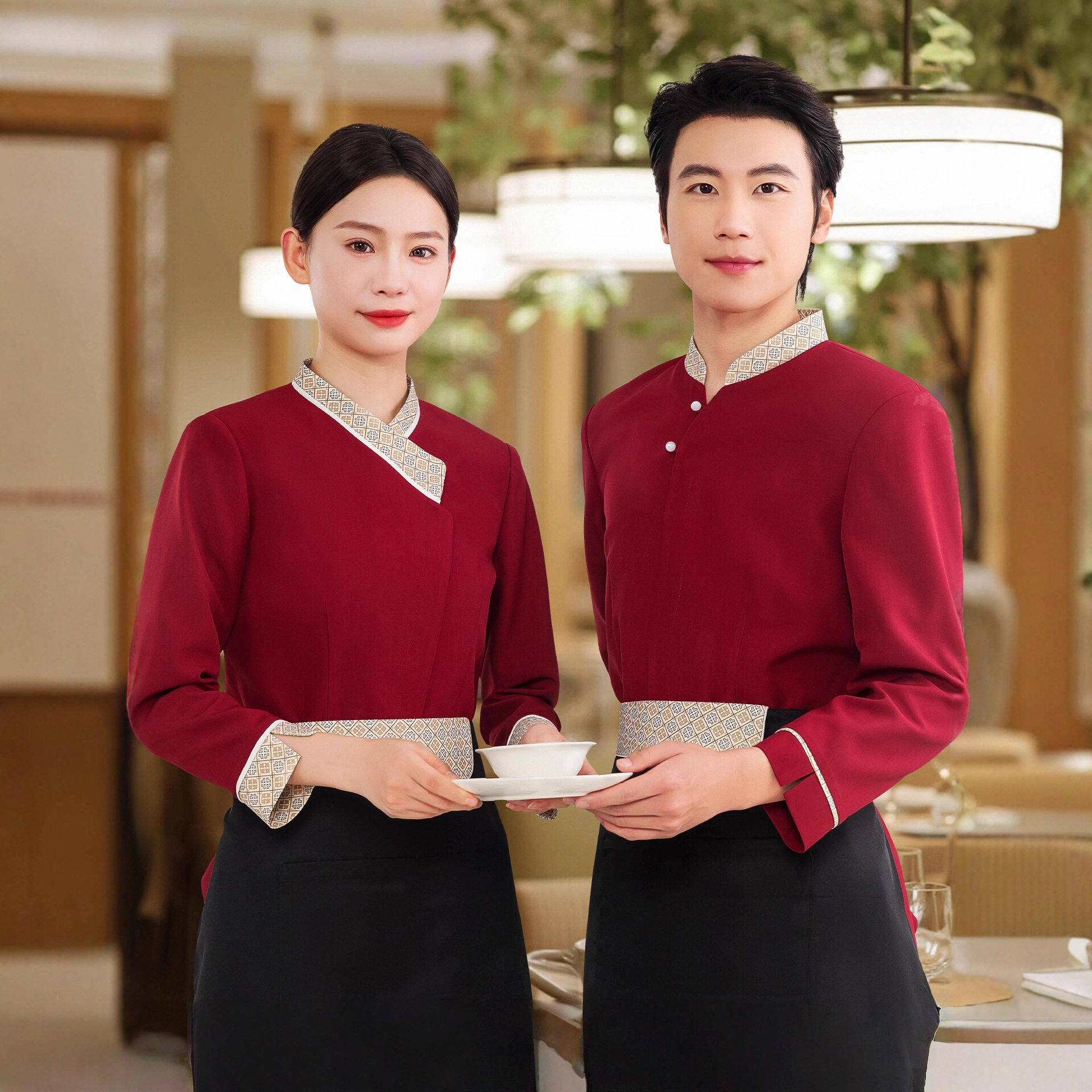 衣研堂餐厅服务员工作服长袖酒店饭店茶楼中式餐饮定制套装女