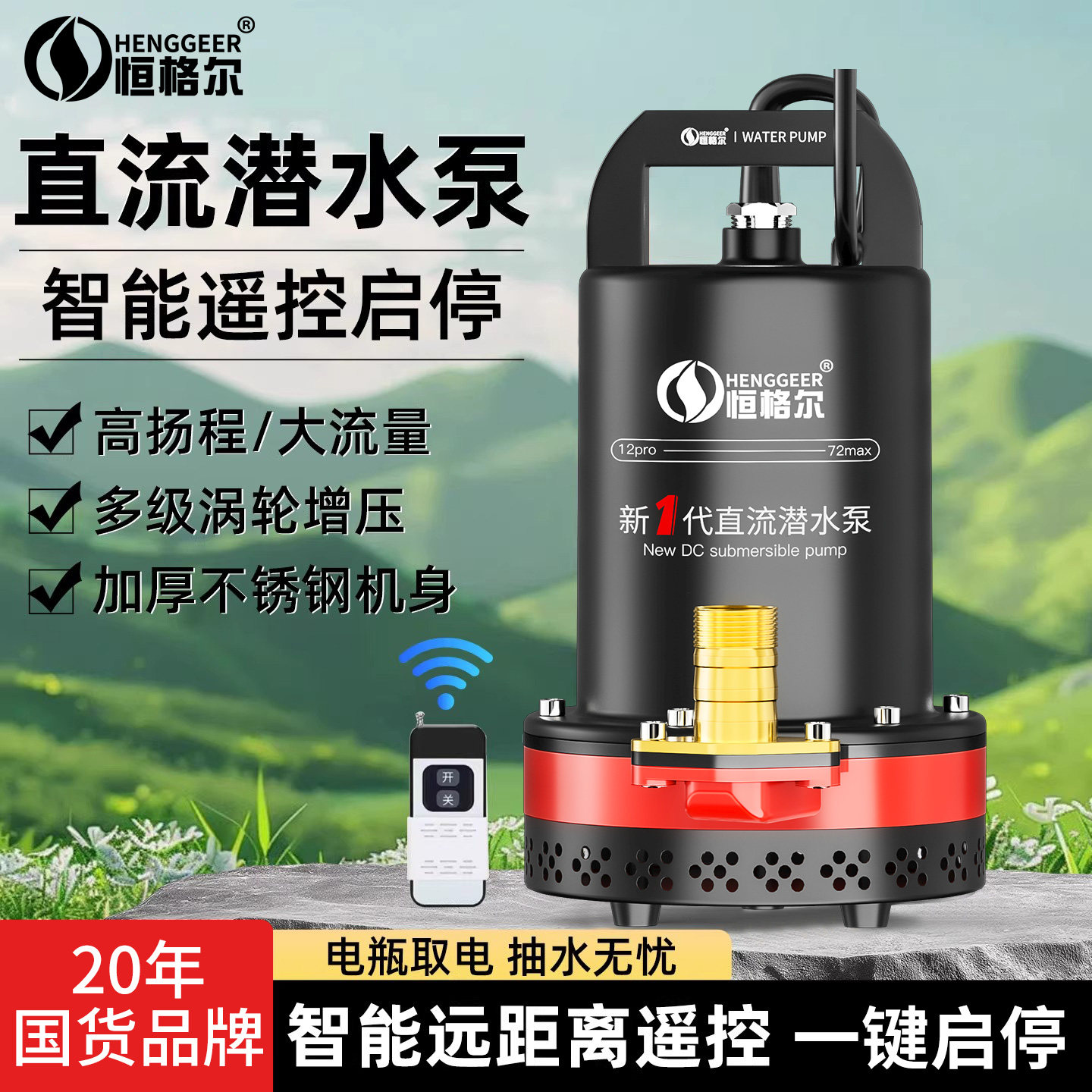 12v抽水泵48v72v伏电动车电瓶车专用灌溉农用遥控开 关直流潜水泵