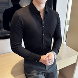 高级感弹力无痕压胶垂感长袖衬衫男修身刺绣衬衣蓝色C6018-P78，男装衬衫，电商A213